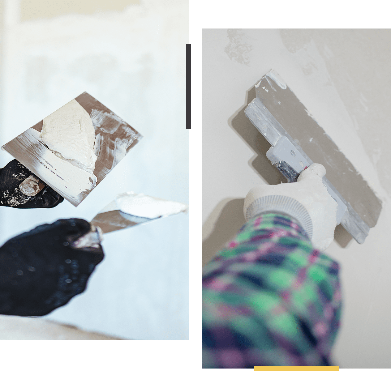 Applying plaster on wall with trowels.